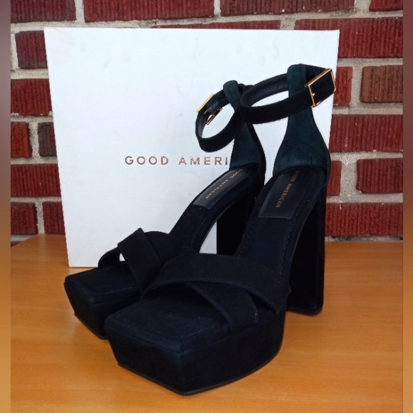 NIB Good American Square Toe Chunky Heel Strappy Sandals in Black Suede Sz. 10.5 - Picture 6 of 8